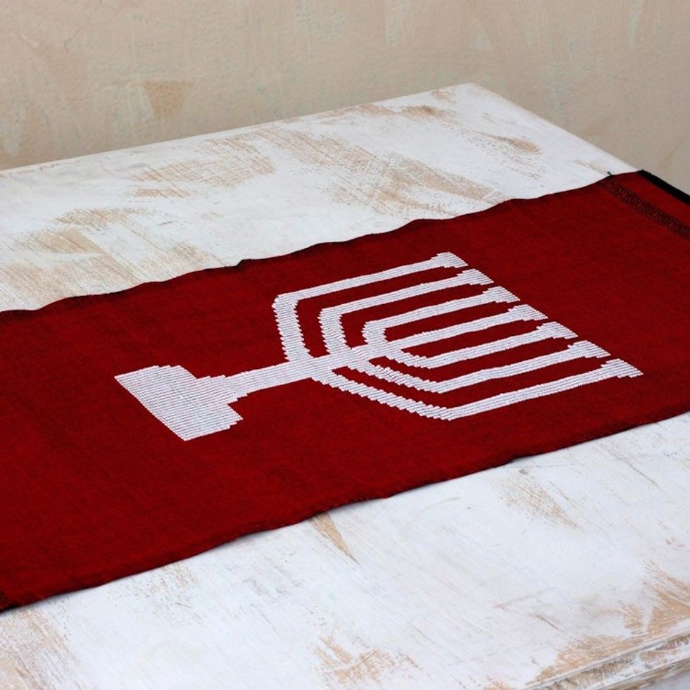 Handwoven Red Cotton Menorah Table Runner 'Red Menorah Lights'