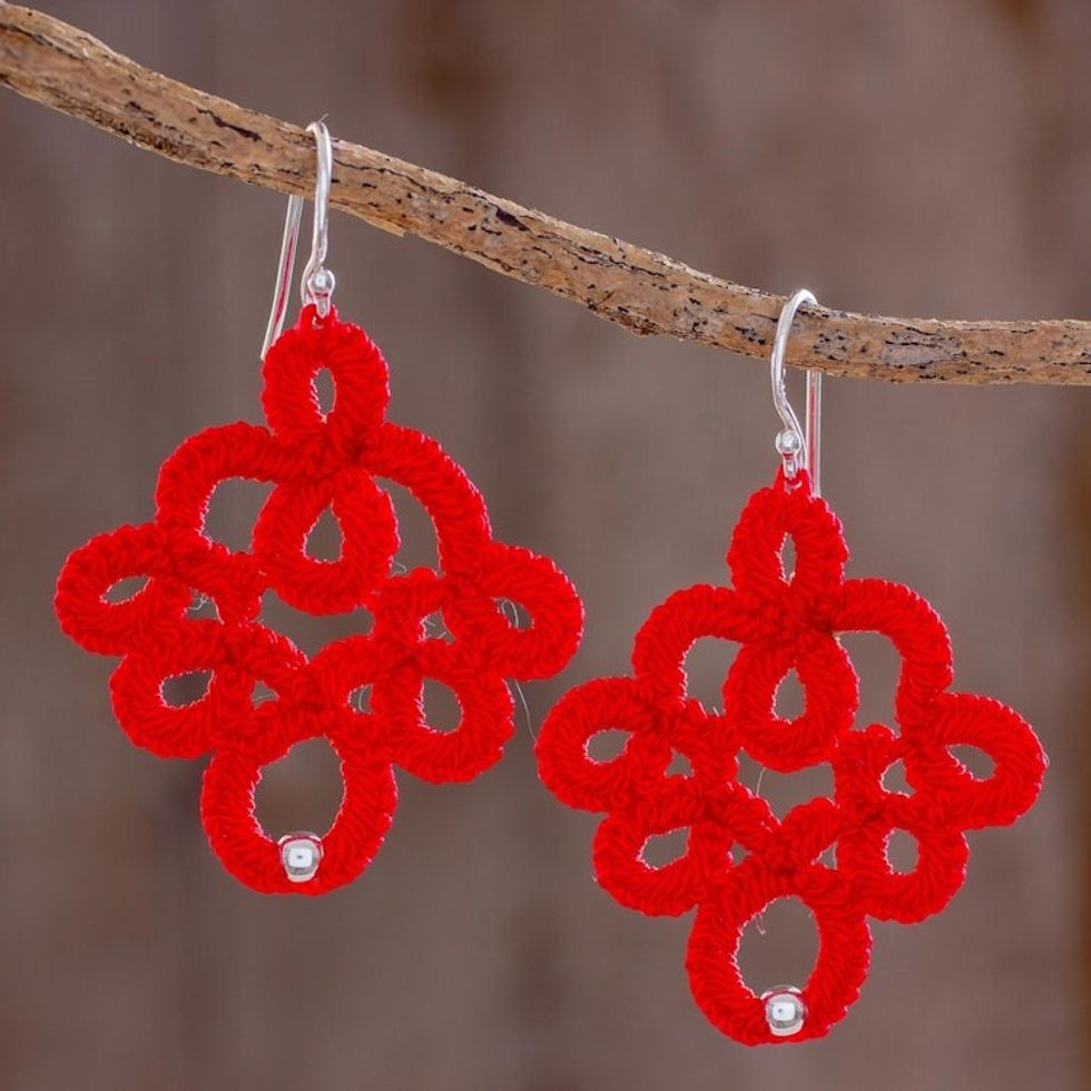 Hand-Tatted Dangle Earrings in Poppy from Guatemala 'Poppy Lace'