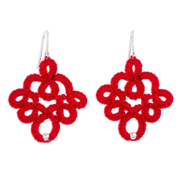 Alternate image for Hand-Tatted Dangle Earrings in Poppy from Guatemala Poppy Lace