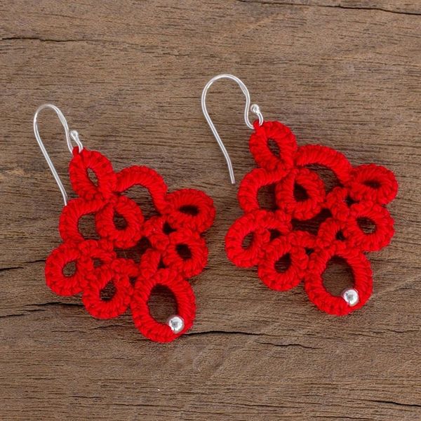 Alternate image for Hand-Tatted Dangle Earrings in Poppy from Guatemala Poppy Lace