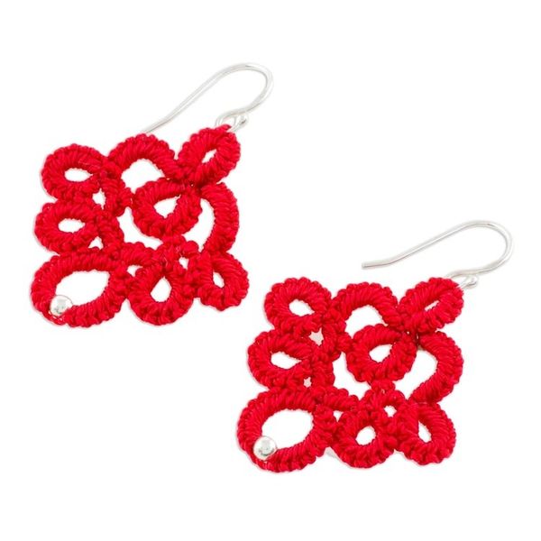 Alternate image for Hand-Tatted Dangle Earrings in Poppy from Guatemala Poppy Lace