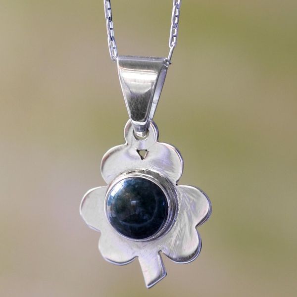 Alternate image for Green Jade Clover Pendant Necklace Silver 925 Dark Green Clover