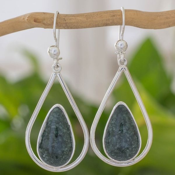 Alternate image for Sterling Silver Teardrop Earrings with Dark Green Jade Dark Green Droplet of Life