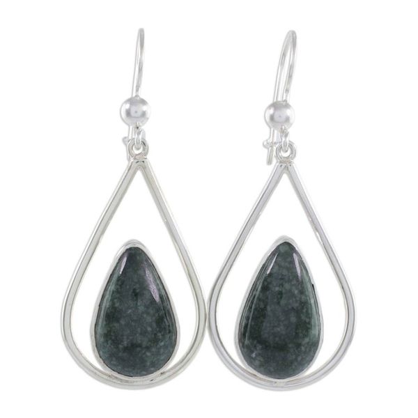 Alternate image for Sterling Silver Teardrop Earrings with Dark Green Jade Dark Green Droplet of Life