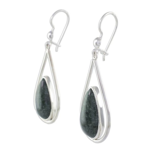 Alternate image for Sterling Silver Teardrop Earrings with Dark Green Jade Dark Green Droplet of Life