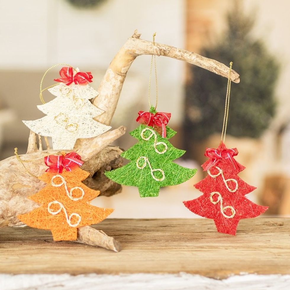 Handcrafted Natural Fiber Holiday Tree Ornaments Set of 4 'Merry Trees'