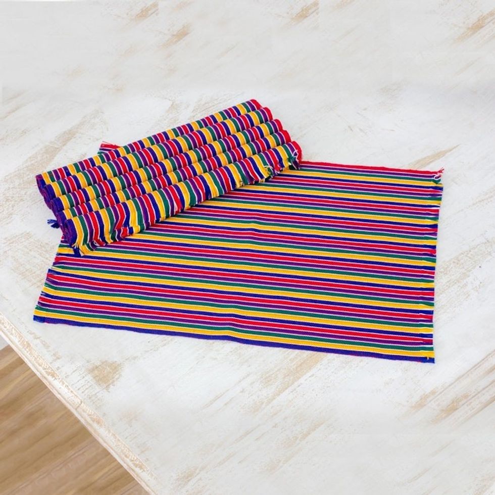 Six Handwoven Striped Cotton Placemats from Guatemala 'Trails of Happiness'