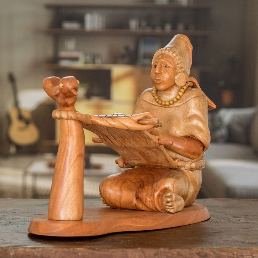 Maya Cedar Wood Sculpture of a Woman Weaving 'Maya Woman at the Loom'