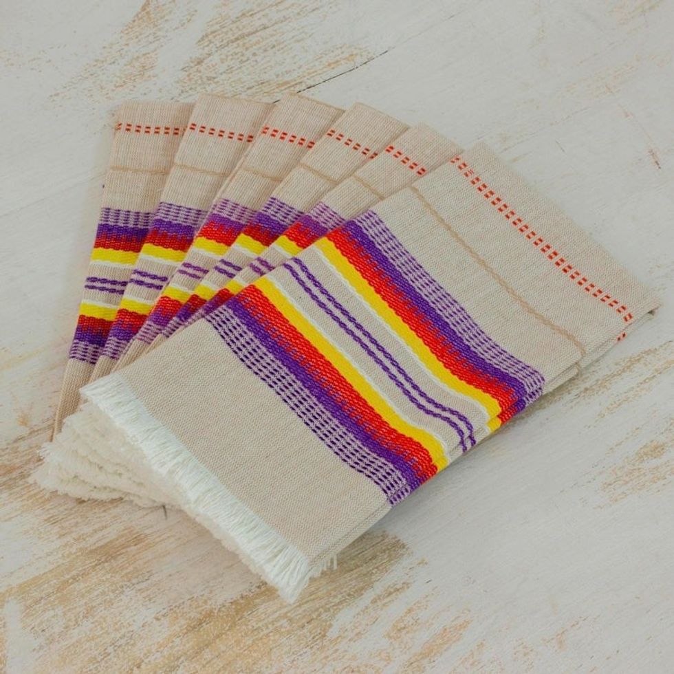 Striped 100 Cotton Napkins from Guatemala Set of 6 'Sunset Dinner'