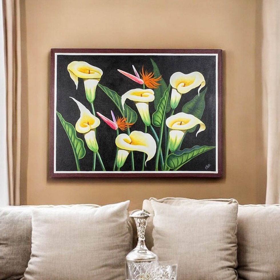 Floral Painting of Calla Lilies and Birds of Paradise Signed 'Calla Lilies'