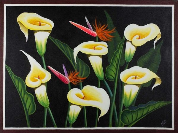 Alternate image for Floral Painting of Calla Lilies and Birds of Paradise Signed Calla Lilies