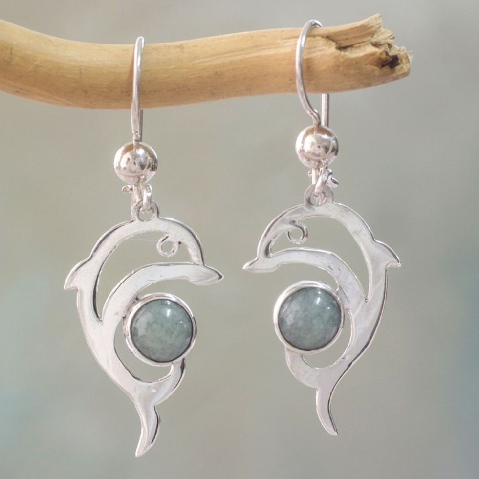 Handmade Silver Dolphin Earrings with Light Green Maya Jade 'Pale Green Dolphin'