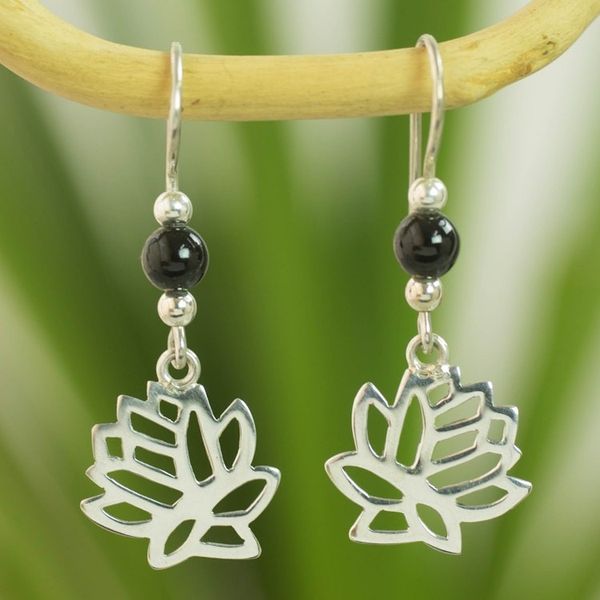 Alternate image for Guatemalan Black Jade Lotus Earrings Flower of the Lotus