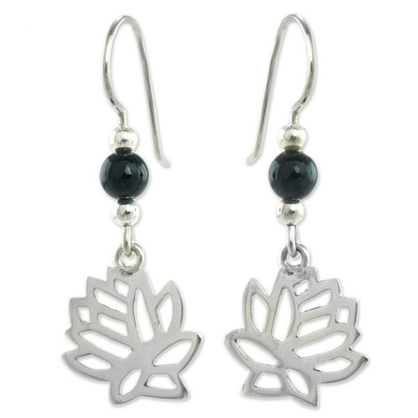 Alternate image for Guatemalan Black Jade Lotus Earrings Flower of the Lotus