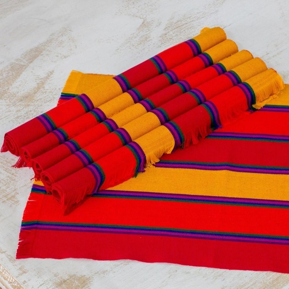Six Handwoven Striped Cotton Placemats from Guatemala 'Country Sunset'