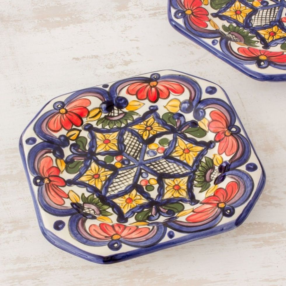 Handmade Talavera Style Ceramic Dessert Plates Set of 4 'Floral Octagons'