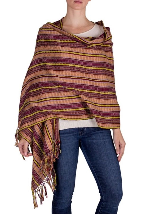 Alternate image for Hand Woven Cotton Shawl in Reds and Browns Valley in the Sun