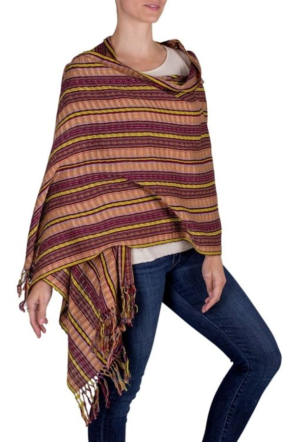 Alternate image for Hand Woven Cotton Shawl in Reds and Browns Valley in the Sun