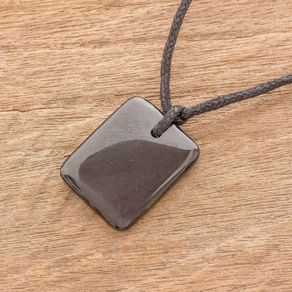 Black Jade Pendant Necklace with Cotton Cord 'Maya Glory'