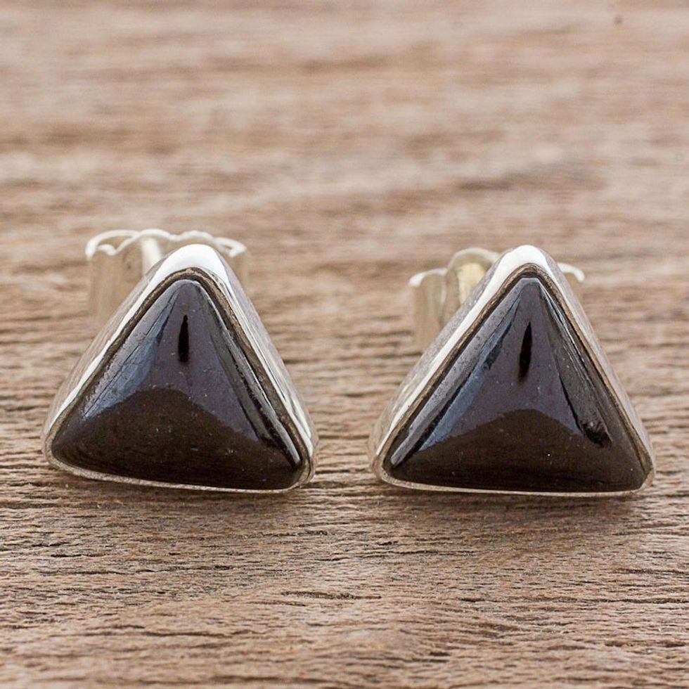 Black Jade and Sterling Silver Triangle Stud Earrings 'Triangle Mystique'