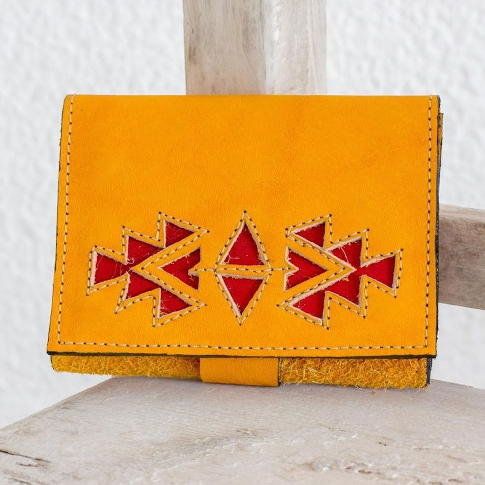Saffron Colored Leather Wallet with Snap Closure 'Living Culture'