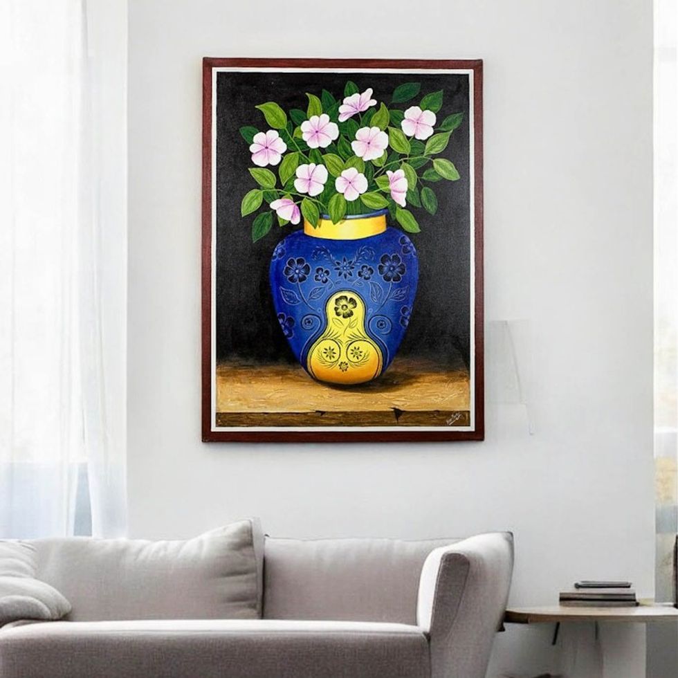 Guatemalan Still Life Painting of Flowers in a Blue Vase 'Garden Flowers'