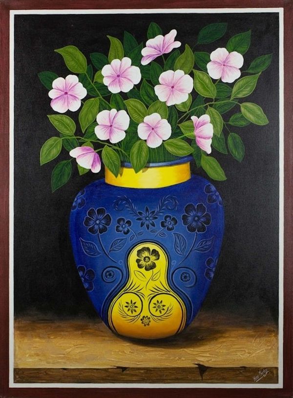 Alternate image for Guatemalan Still Life Painting of Flowers in a Blue Vase Garden Flowers