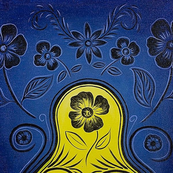 Alternate image for Guatemalan Still Life Painting of Flowers in a Blue Vase Garden Flowers