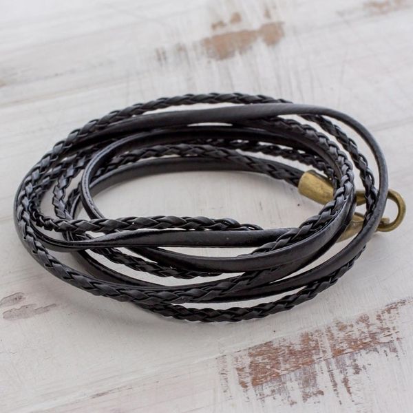 Alternate image for Braided Leather Wrap Bracelet in Black from Guatemala Elegance and Style in Black