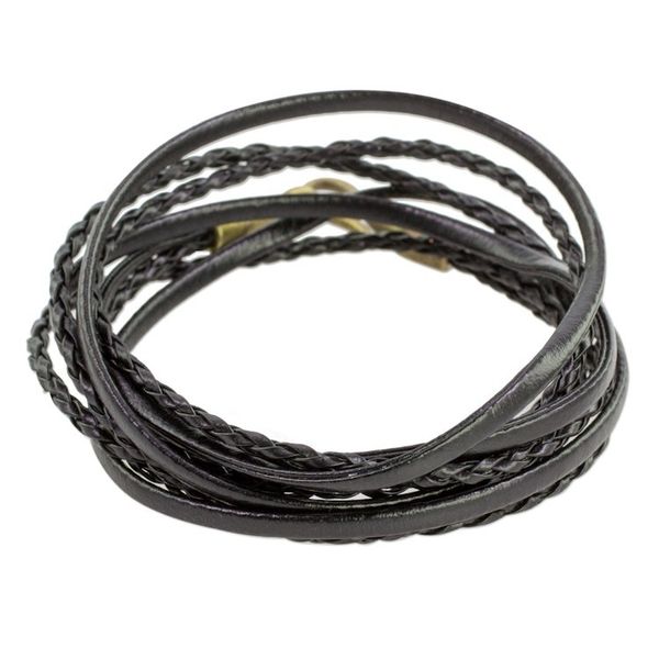Alternate image for Braided Leather Wrap Bracelet in Black from Guatemala Elegance and Style in Black