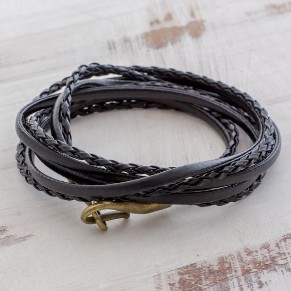 Alternate image for Braided Leather Wrap Bracelet in Black from Guatemala Elegance and Style in Black