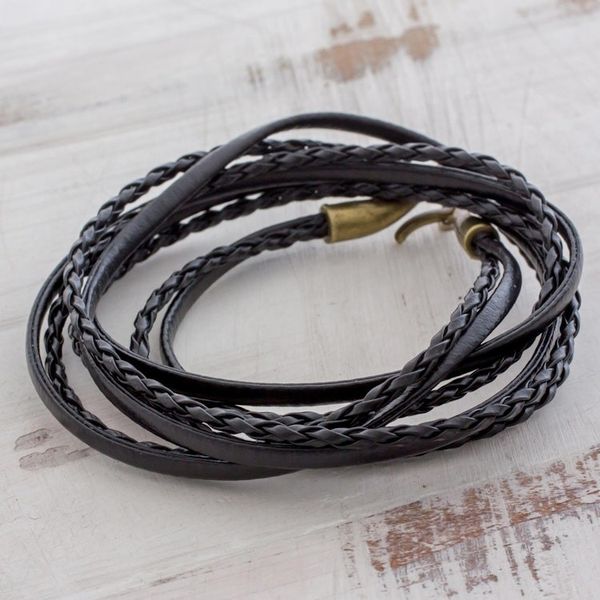 Alternate image for Braided Leather Wrap Bracelet in Black from Guatemala Elegance and Style in Black