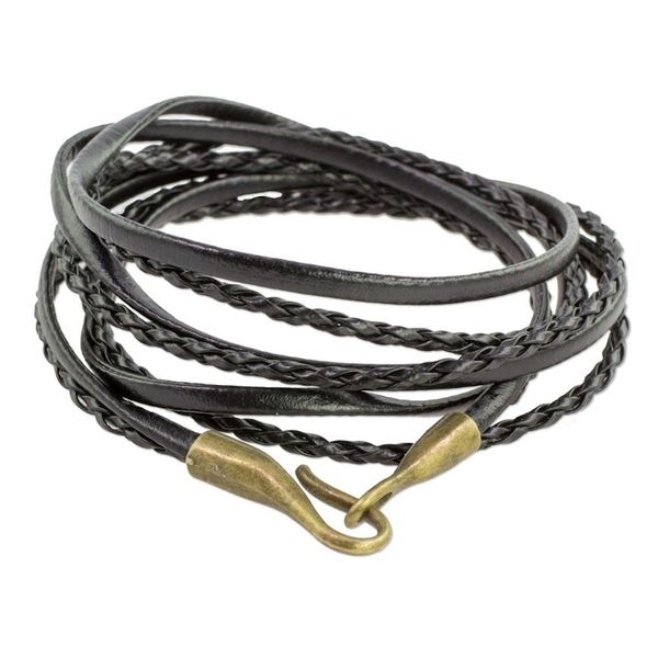 Alternate image for Braided Leather Wrap Bracelet in Black from Guatemala Elegance and Style in Black