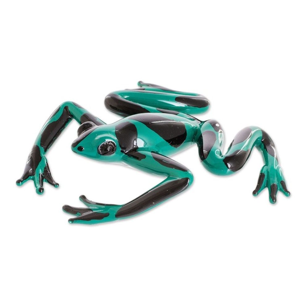 Handcrafted Green and Black Dart Frog Art Glass Figurine 'Poison Arrow Frog'