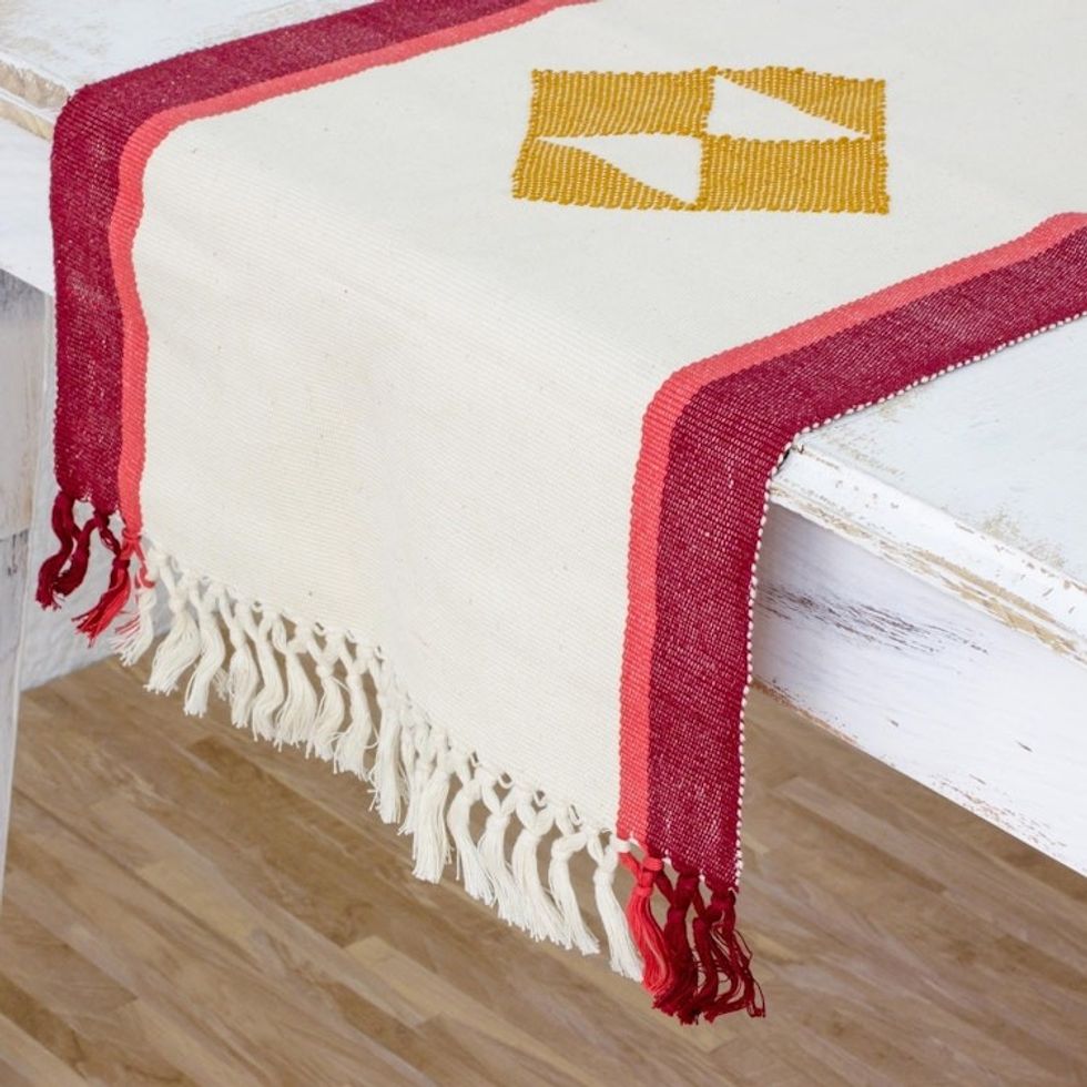 Maya Backstrap Loom Handwoven Cotton Table Runner 'Cherry Orchard Path'