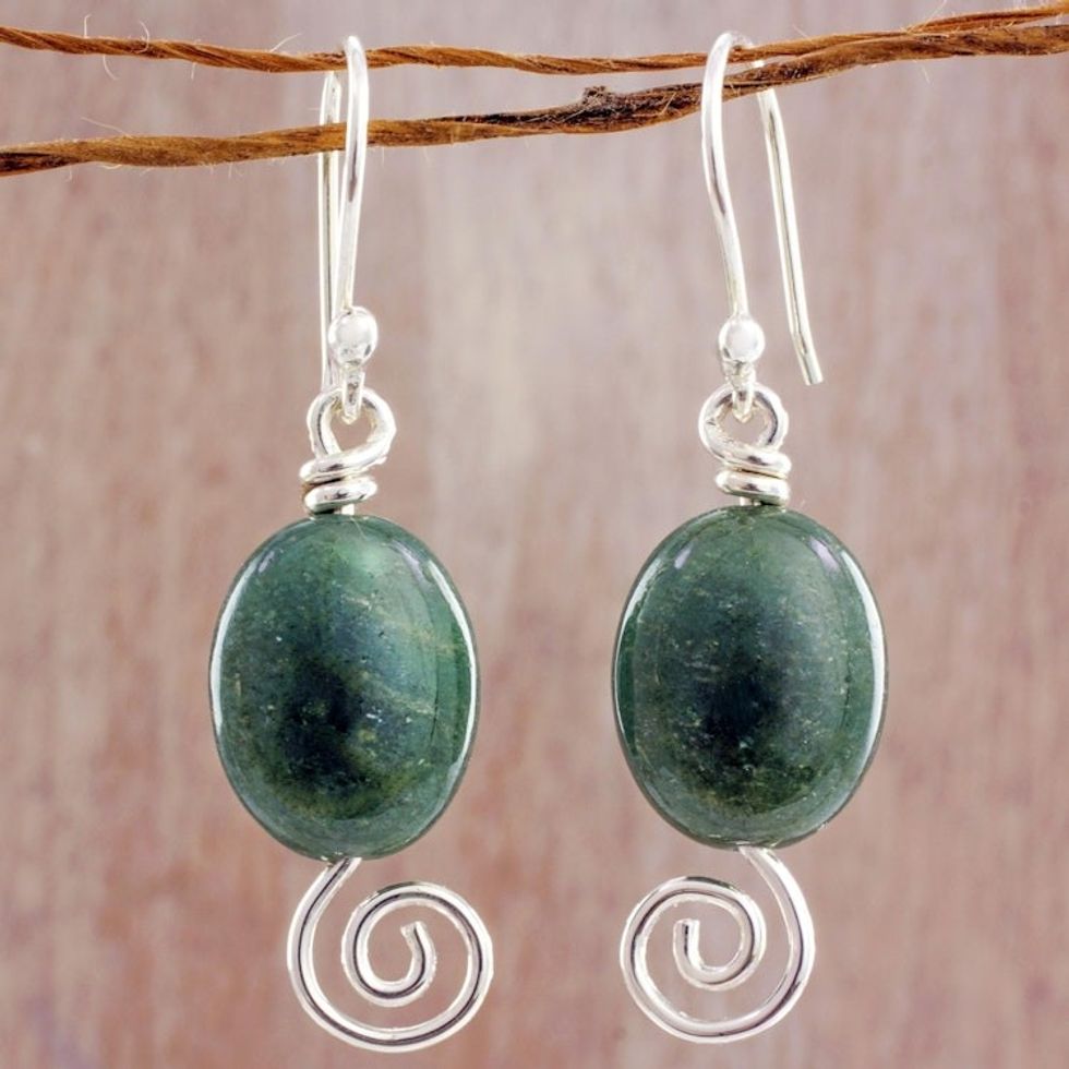 Spiral Theme Sterling Silver and Green Jade Earrings 'Green Maya Galaxy'
