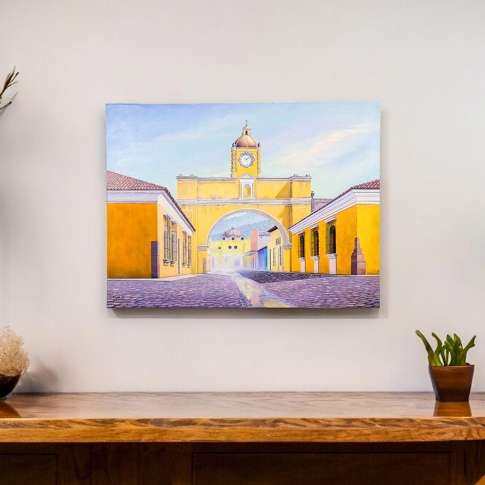 Signed Realist Cityscape Painting from Guatemala 'Arch Street'