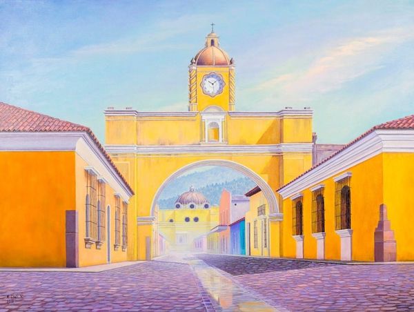 Alternate image for Signed Realist Cityscape Painting from Guatemala Arch Street