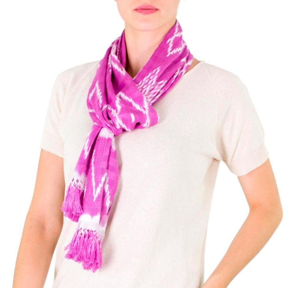 Light Fuchsia Backstrap Loom Cotton Scarf from Guatemala 'Solola Orchids'