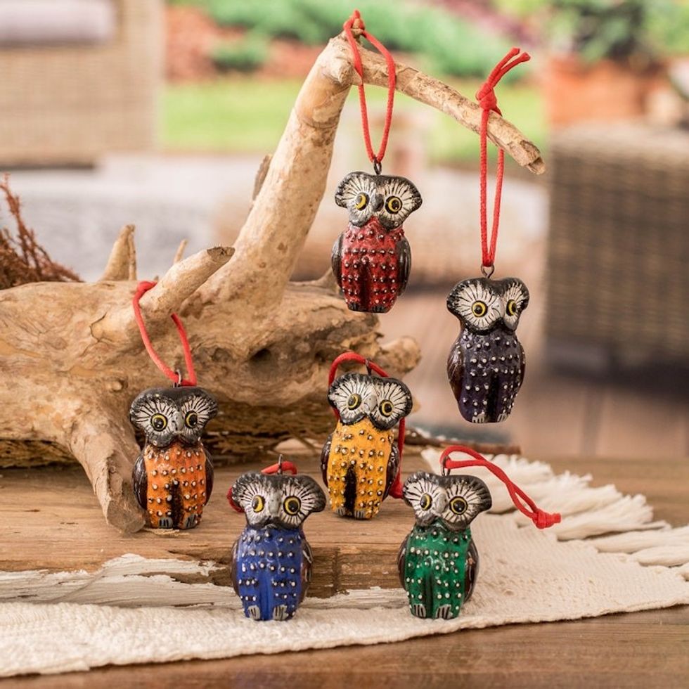 Handcrafted Ceramic Bird Ornaments Set of 6 Owls 'Owls of Tikal'