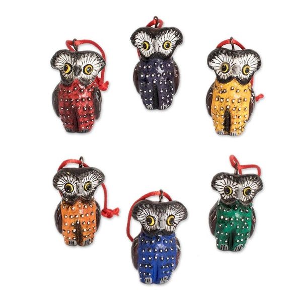 Alternate image for Handcrafted Ceramic Bird Ornaments Set of 6 Owls Owls of Tikal