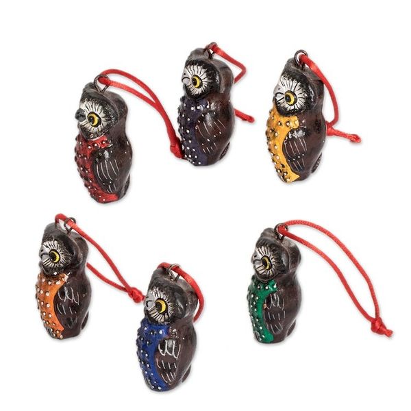 Alternate image for Handcrafted Ceramic Bird Ornaments Set of 6 Owls Owls of Tikal