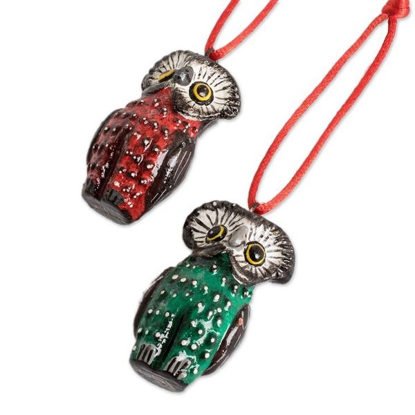 Alternate image for Handcrafted Ceramic Bird Ornaments Set of 6 Owls Owls of Tikal