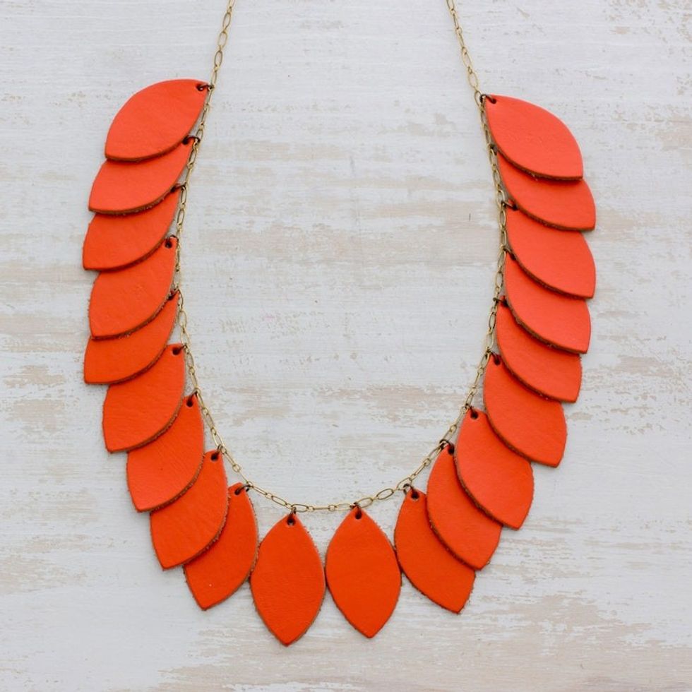 Handcrafted Leather and Bronze Pendant Necklace 'Festival of Leaves in Orange'