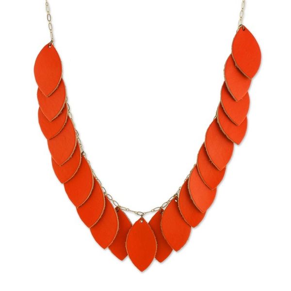 Alternate image for Handcrafted Leather and Bronze Pendant Necklace Festival of Leaves in Orange