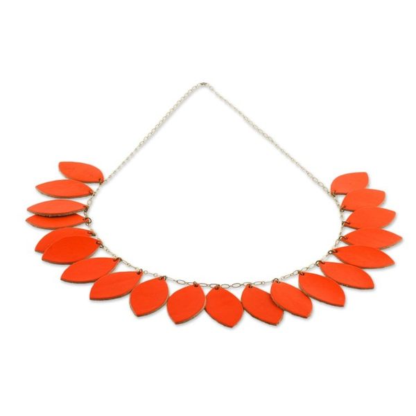 Alternate image for Handcrafted Leather and Bronze Pendant Necklace Festival of Leaves in Orange