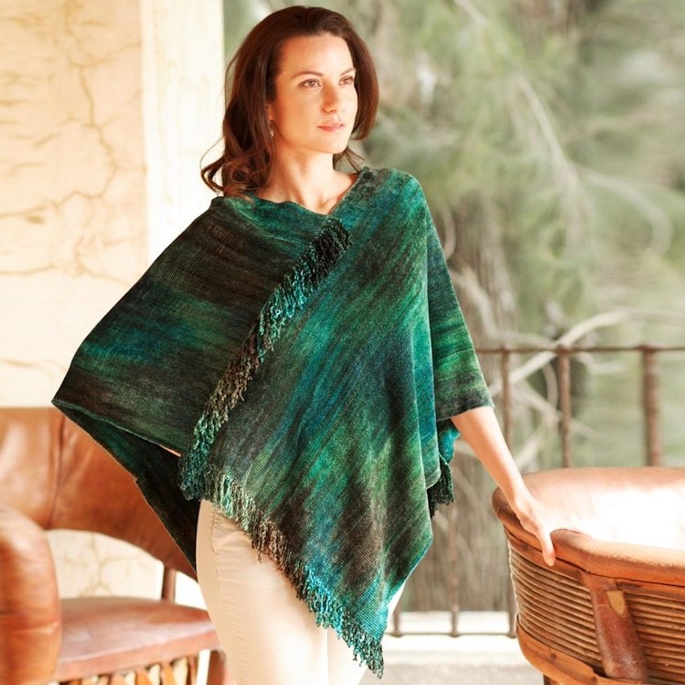 Handcrafted Cotton Blend Poncho 'Emerald Valley'