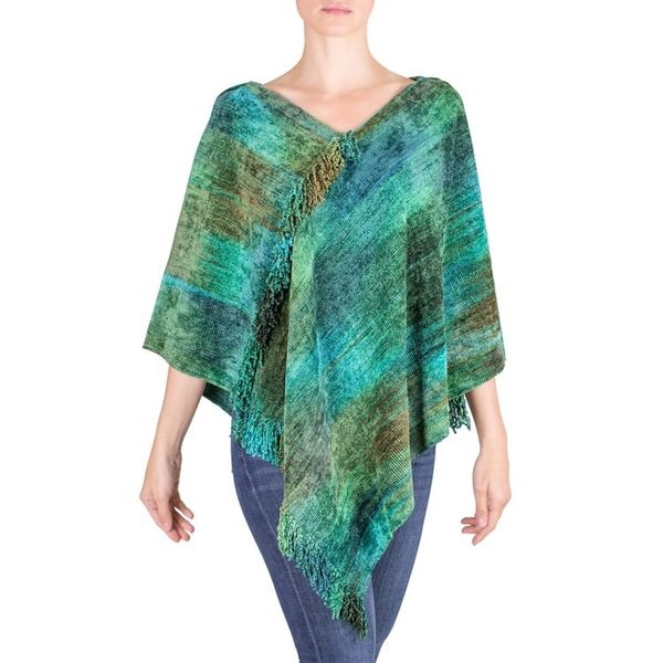 Alternate image for Handcrafted Cotton Blend Poncho Emerald Valley