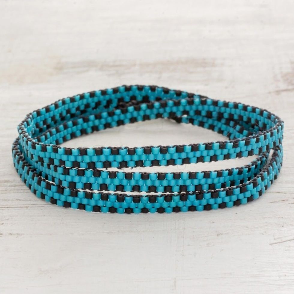 El Salvador Blue and Black Beaded Wrap Bracelet 'Stormy Sky'