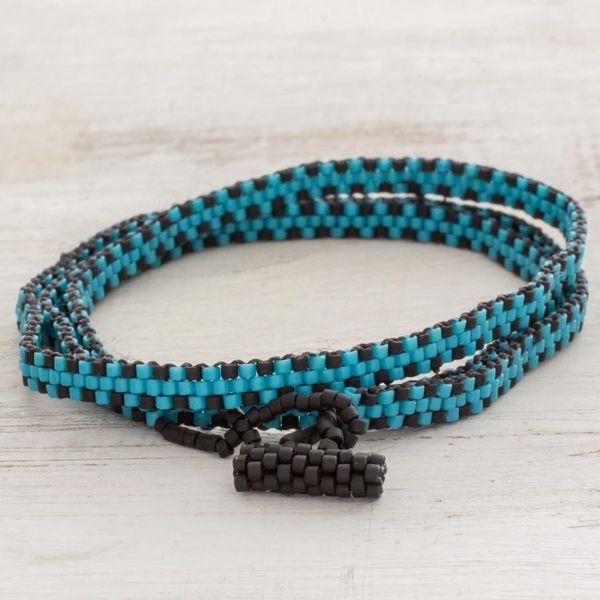 Alternate image for El Salvador Blue and Black Beaded Wrap Bracelet Stormy Sky